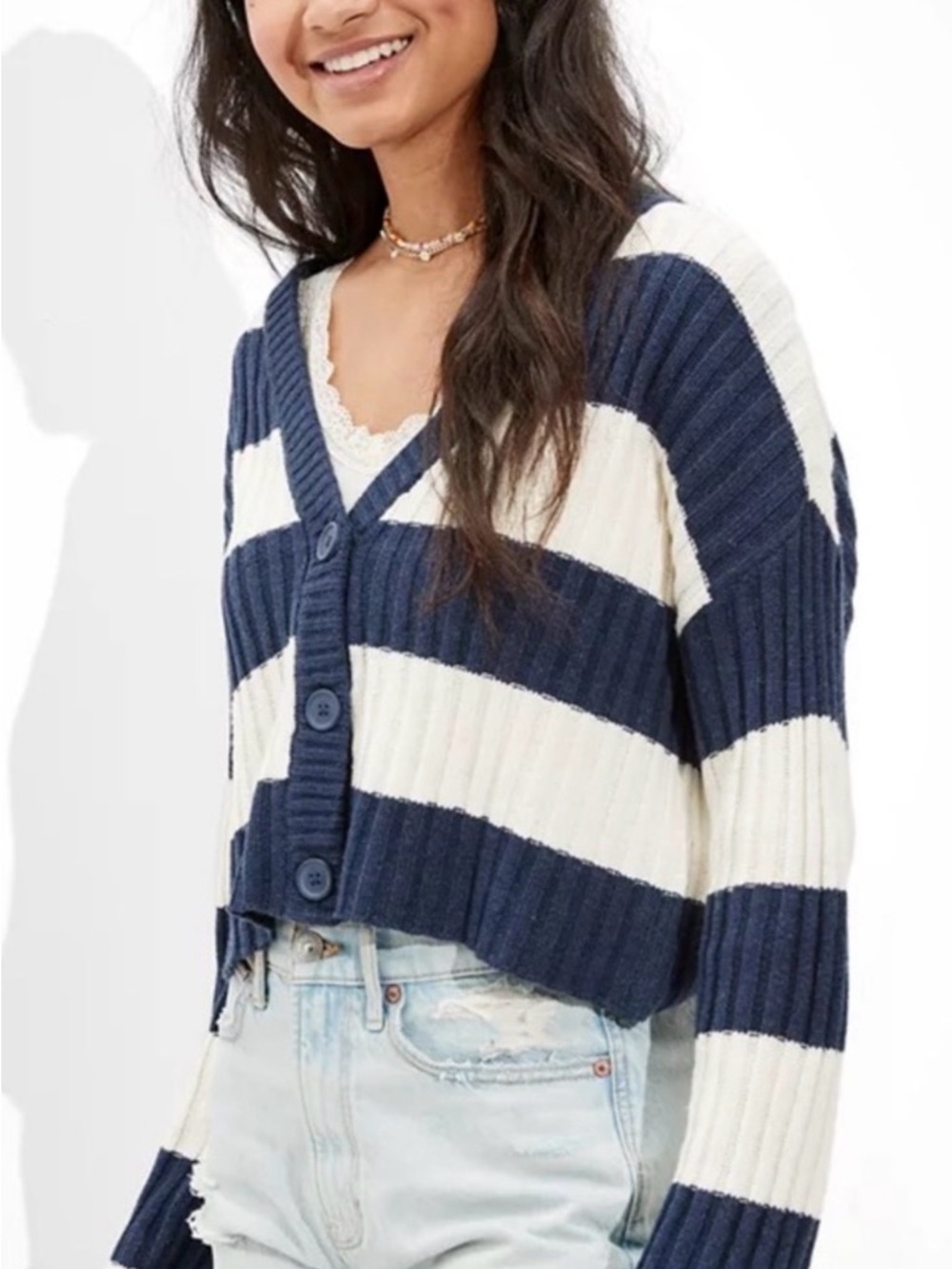 American Eagle Outfitters Navy and White Striped Cropped V-Neck Cardigan